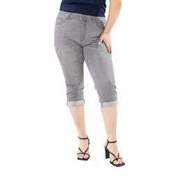 Produktbild: Nina Carter P200 Damen Capri Jeanshosen Große Größen HIGH Waist Jeans Sommer Hose Used-Look, Hellgrau (P200-7), 46