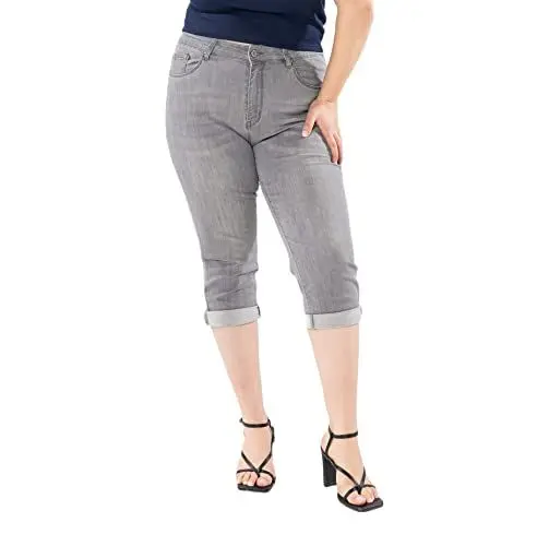 Produktbild: Nina Carter P200 Damen Capri Jeanshosen Große Größen HIGH Waist Jeans Sommer Hose Used-Look, Hellgrau (P200-7), 46