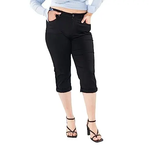 Produktbild: Nina Carter P200 Damen Capri Jeanshosen Große Größen HIGH Waist Jeans Sommer Hose Used-Look, Schwarz (P200-8), 42