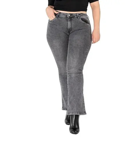Produktbild: Nina Carter P201 Damen Jeanshosen großen Größen L-5XL Bootcut High Waist Flared Plus Size Jeans Used-Look (Grau (P201-17), 3XL)