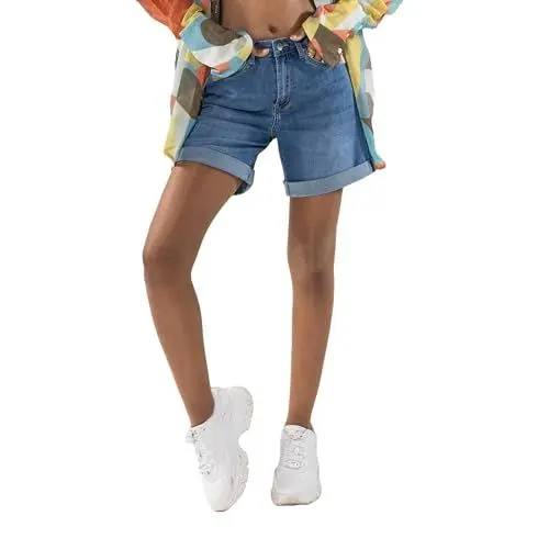 Produktbild: Nina Carter P208 Damen High-Waist Jeans-Shorts im Used-Look Mittel-Oberschenkel Denim Sommershorts (Blau (P208-5), L)
