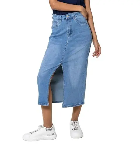 Produktbild: Nina Carter P215 Damen High Waist Wadenlanger Jeansrock mit Vorderem Schlitz Langer Rock Reißverschluss Stretch Used-Look, Hellblau (P215-6), S