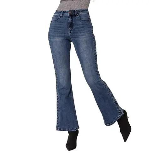 Produktbild: Nina Carter Q1897 Damen Bootcut Jeans HIGH Waist Stretchjeans Flared Jeanshosen Used-Look Schlaghosen, Blau (Q1897), L