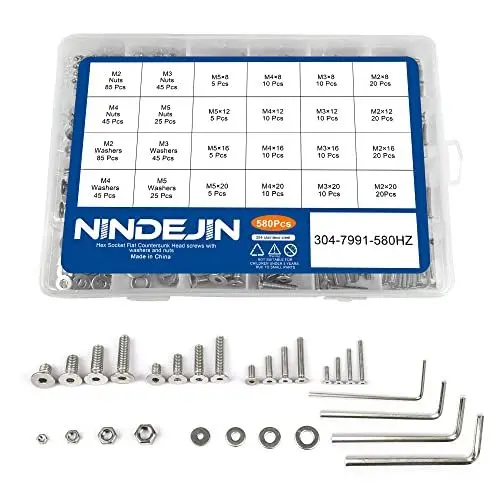 Produktbild: NINDEJIN 580 Stück Innensechskant Flachkopfschraube Set, metrische M2 M3 M4 M5, Edelstahl 304 Schrauben, Muttern und Unterlegscheiben, Sortiment mit Sechskantschlüsseln, sortierte Befestigungselemente