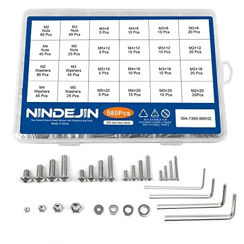 Produktbild: NINDEJIN 580 pcs Hex Socket Schrauben Bolzen Muttern Unterlegscheiben Kit M2 M3 M4 M5 Metrische Schrauben mit Inbusschlüssel 8/12/16/20 mm Vollgewinde Schraube 304 Edelstahl Maschinenschrauben Set