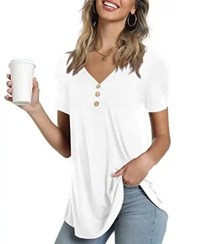 Produktbild: Ninee Damen Kurzarm T-Shirt V-Ausschnitt Tunika Tops lässig Elegant Knopfleiste Bluse (White,XX-Large)