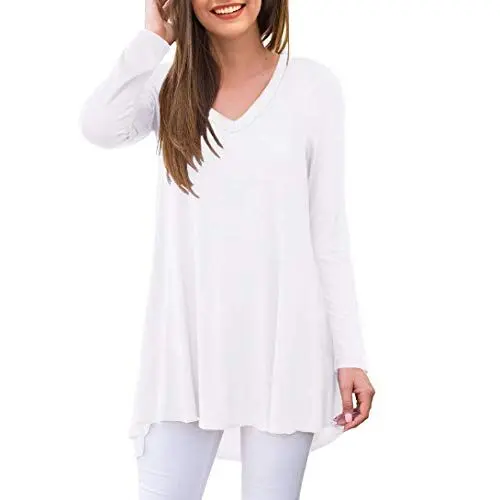 Produktbild: Ninee Damen Lässig Langarmshirt V-Ausschnitt Lose Tunika T Shirt Blusen Tops (White,Small)
