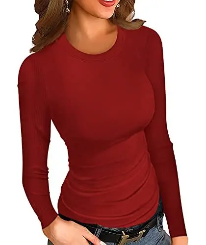 Produktbild: Ninee Damen Langarm Shirt Lose Herbst Top Basic gerippt Stricken T Shirts(Wine Red,Medium)