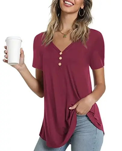 Produktbild: Ninee Damen T-Shirt Kurzarm V-Ausschnitt Tunika Tops Elegant Basic Knopfleiste Bluse (Wine Red,XX-Large)