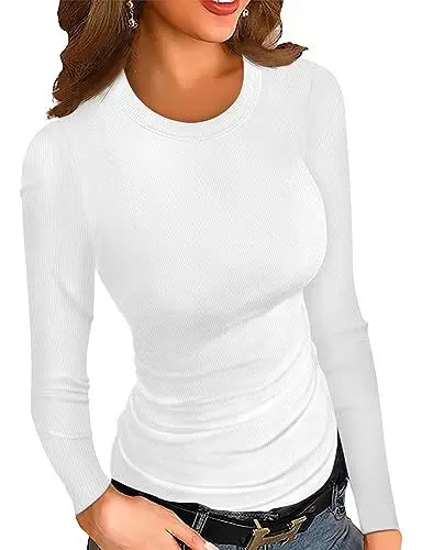 Produktbild: Ninee Damen gerippt Langarm Shirts Crewneck Fitted Slim Fit Basic Lässig Tops(White,X-Large)