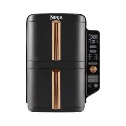 Produktbild: Ninja Double Stack XL Heißluftfritteuse, 2 vertikale Schubladen, 4 Kochstufen, 2 Einschübe, platzsparendes Design, 9,5 L Fassungsvermögen, 6 Funktionen, 8 Portionen, Zange, Schwarz/Kupfer SL400EUCP