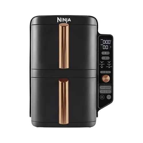 Produktbild: Ninja Double Stack XL Heißluftfritteuse, 2 vertikale Schubladen, 4 Kochstufen, 2 Einschübe, platzsparendes Design, 9,5 L Fassungsvermögen, 6 Funktionen, 8 Portionen, Zange, Schwarz/Kupfer SL400EUCP
