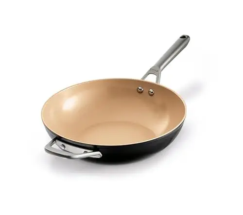 Produktbild: Ninja Extended Life 28cm Keramik-Wok, Wokpfanne antihaftbeschichtet (ohne PFAs, PFOAs, Blei, Cadmium), geeignet für Induktion, Edelstahlgriff, Ofenfest bis 285 °C, Terrakotta & Grau, CW90928DE