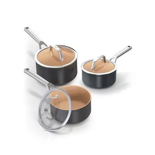 Produktbild: Ninja Extended Life 3-teiliges Keramik-Kochtopfset (16, 18 & 20cm Topf), antihaftbeschichtet (ohne PFAs, PFOAs, Blei, Cadmium), geeignet für Induktion, Ofenfest bis 285 °C, Terrakotta & Grau, CW9300DE