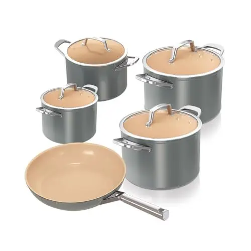 Produktbild: Ninja Extended Life Keramic Kochset 5-teilig (20 & 24 cm Sauteuse + 16, 18 & 20 cm Töpfe & Deckel), Antihaftbeschichtet (ohne PFAs, PFOAs, Blei, Cadmium), Backofenfest, Grau & Terracotta CW95000EUUKDB