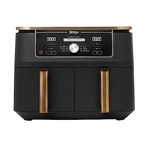 Produktbild: Ninja Foodi MAX Dual Zone Heißluftfritteuse, 9,5L Airfryer, 2 Fächer, mit Zange, Antihaftbeschichtung, spülmaschinenfeste Körbe, 6-in-1, Amazon Exklusiv, Kupfer/Schwarz, AF400EUCP