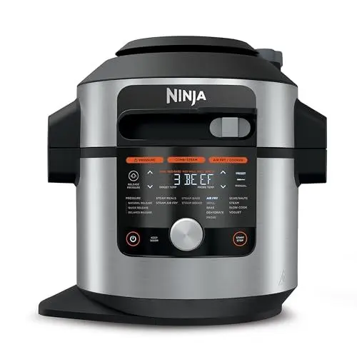 Produktbild: Ninja Foodi MAX Multikocher mit Smart Deckel, 7,5L, 14-in-1 Multicooker, Pressure Cooker Schnellkochtopf, Airfryer Heißluftfritteuse, Slow Cooker, digitaler Temperaturfühler, Edelstahl, OL750EU