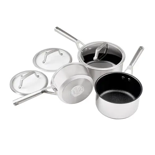 Produktbild: Ninja Foodi ZEROSTICK Edelstahl 3-teiliges Pfannenset mit hitzegehärteten Glasdeckeln, 16cm, 18cm, 20cm, antihaftbeschichtet, induktionsgeeignet, backofen- und spülmaschinenfest, C63000EU