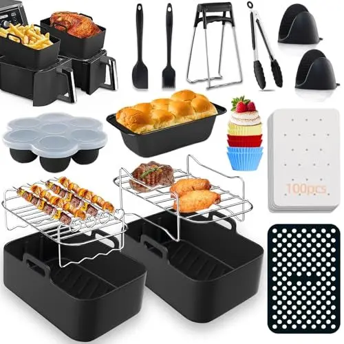 Produktbild: Ninja Heißluftfritteuse Zubehör - Airfryer Zubehör für Ninja AF400EU & AF300EU & Tower T17088 7.6L-9.5L, Dual Zone Ninja Airfryer Zubehör, Air Fryer Accessories Silikonform, Grillrost, Backform etc