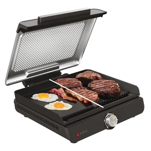 Produktbild: Ninja Sizzle Elektrogrill Indoor & Plancha (Flat Grill Plate) mit Antihaft-Grillplatte, abnehmbarer & spülmaschinenfester Deckel, Fettauffangbehälter, Temperaturregler & Rezeptbuch, Grau GR101EU