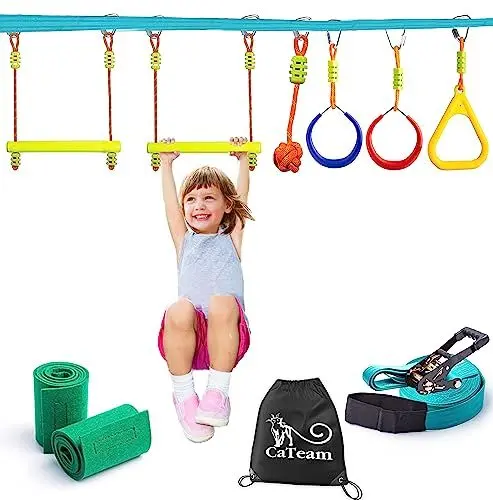 Produktbild: Ninja Slackline Hinterhof Hindernis Trainingsparcours – Hängendes Monkey Bar Set für Kinder mit 15 Meter Slackline – Geschenkset mit tragbarer Trainingsausrüstung für Kinder