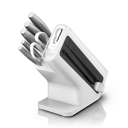 Produktbild: Ninja StaySharp Messerblock mit integriertem Schärfer, scharfes 6-teiliges Messerset mit 5 verschiedenen Messern und 1 Schere aus Edelstahl, Weiß, K62006EUWH