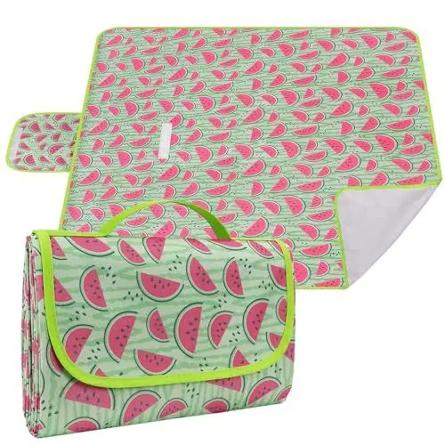Produktbild: Ninonly Picknickdecke Wasserdicht Picknickdecke 200 x 200cm Tragbare Waschbar Extra Große Stranddecke Sandfreie Mit Tragegriff Leicht Tragbar Isoliert für Camping, Picknick, BBQ, Wassermelonenmuster
