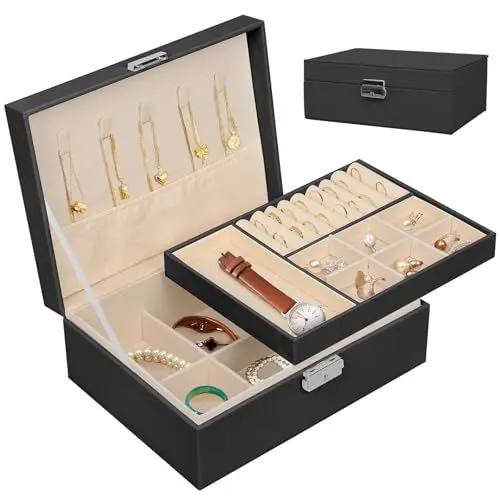 Produktbild: Ninonly Schmuckkästchen Schmuck Organizer für Frauen,Schmuckkästchen Damen PU-Leder Schmuckaufbewahrung, Zwei Schicht Schmuck Aufbewahrung Koffer, für Ohrringe Armbänder Ringe Uhren schwarz