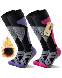 Produktbild: Niorasen 2 Paar Merino Skisocken Herren Damen, Thermo Snowboard Socken, Skistrümpfe mit Polsterung, Wärme Kniestrümpfe für Skifahren, Snowboarden, Outdoor Wintersport, Size M, Rosa Lila