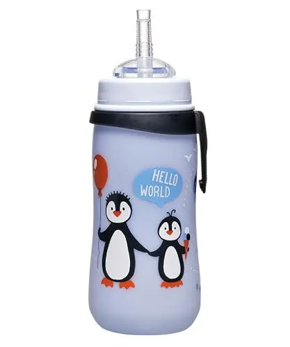 Produktbild: nip - Strohhalmbecher Straw Cup | Leichte, auslaufsichere Kindertrinkflasche mit Trinkhalm aus Silikon ab 12 Monaten. Einfach zu reinigen, 330 ml, Motiv Pinguin, blau