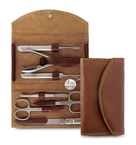Produktbild: nippes Solingen Classic Premium-Maniküre Set, 7-teilig, Echtes Rindsleder-Nageletui, braun, Edelstahl nickel- & rostfrei, Nagelset, Nagelpflege Set, Made in Solingen/Germany