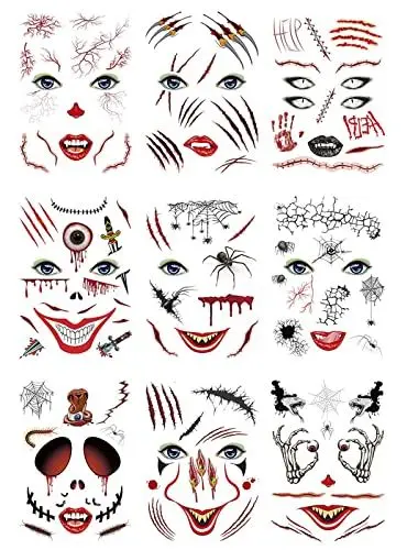 Produktbild: Nirbffo Gesicht Temporäre Tattoos Klinge Augapfel Zombie Narben 3D Wunden Tattoos Blutiges Gesicht Aufkleber Tätowierung Make-up Blutungen Gefälschte Aufkleber Tattoo für Halloween 9 Stück