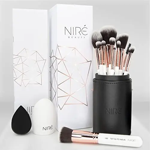 Produktbild: Niré Beauty Make-up-Pinselset, 15-teilig: preisgekrönte vegane Profi-Pinsel mit Etui, Niré make up schwamm, Pinselreiniger, Guide & Geschenkschachtel