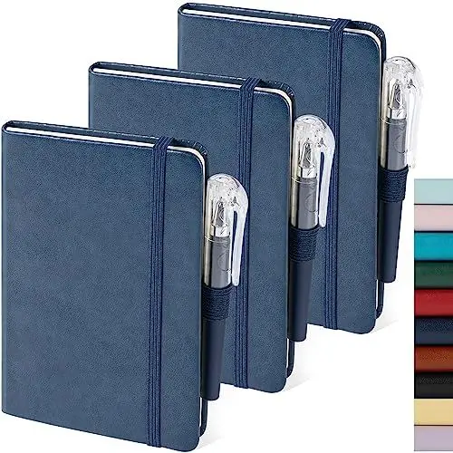 Produktbild: NIRMIRO Mini Notizbuch A6 mit Stift, 3 Stück Notizblock Klein 9,4 x 14,5 cm Hardcover Taschen Notizbücher mit Stifthalter, Gummiband, dickes Papier, blaues Leder Notizheft