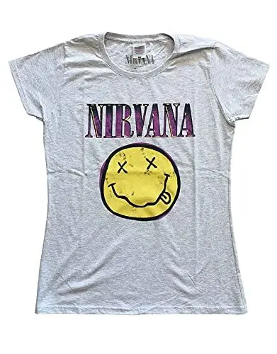 Produktbild: Nirvana T Shirt Smile Rosa Band Logo offiziell Damen Skinny Fit Heather Grau XL