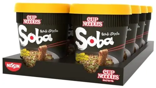 Produktbild: Nissin Cup Noodles Soba Cup – Classic, 8er Pack, Wok Style Instant-Nudeln japanischer Art mit Yakisoba-Sauce und Gemüse, schnell im Becher zubereitet, asiatisches Essen (8 x 90 g)