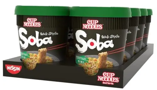 Produktbild: Nissin Cup Noodles Soba Cup – Teriyaki, 8er Pack, Wok Style Instant-Nudeln japanischer Art, mit Teriyaki-Sauce und Gemüse, schnell im Becher zubereitet, asiatisch Essen (8 x 90 g)