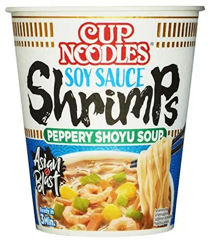 Produktbild: Nissin Cup Noodles – Shrimps, Einzelpack, Soup Style Instant-Nudeln japanischer Art, mit Shrimp-Geschmack, Sojasauce & Gemüse, schnell im Becher zubereitet, asiatisches Essen (1 x 63 g)