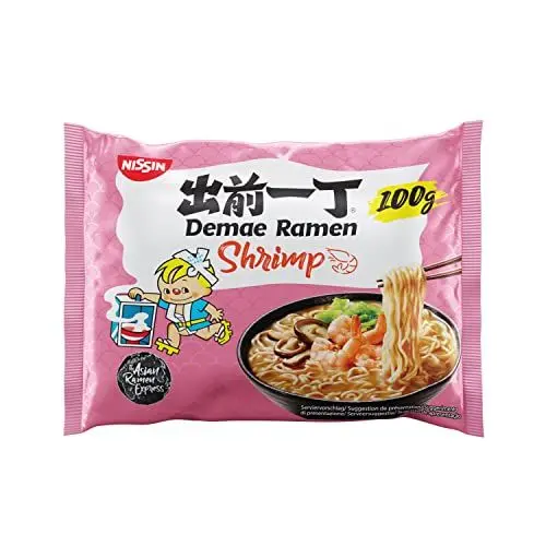 Produktbild: Nissin Demae Ramen – Shrimp, Einzelpack, Instant-Nudeln japanischer Art, mit Shrimp-/ Crevetten-Geschmack und asiatischen Gewürzen, schnell und einfach zubereitet, asiatisches Essen (1 x 100 g)