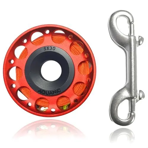 Produktbild: nitescuba Tauchrolle 101FT Finger Reel mit Dive Double-Ended Bolt Snap Clip Aluminium Scuba Dive Finger Spule Spule Reel für Schnorcheln Tauchen Angeln (Rot)