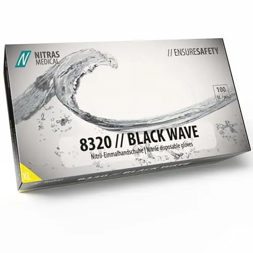 Produktbild: Nitras 8320 BLACK WAVE unsterile, medizinische, lebensmittelgeeignete Nitril-Einmalhandschuhe Farbe schwarz, puderfrei & latexfrei 100 Stück im Spenderkarton Größe XL