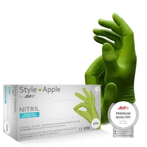 Produktbild: Nitrilhandschuhe, apfelgrün, 100 Stück/Box, Größe M, puderfrei, Style Apple by Med-Comfort: Nitril Einmalhandschuhe, Einweghandschuhe in den Größen XS, S, M, L, XL