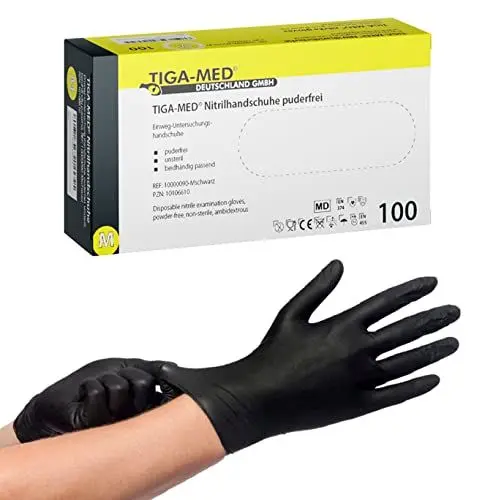 Produktbild: Nitrilhandschuhe puderfrei schwarz Black Tiga Größe: Medium 500 Stück Einmalhandschuhe Nitril Handschuhe ohne Latex