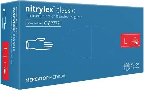 Produktbild: Nitrylex Classic Einweg-Nitrilhandschuhe, schützende Untersuchungshandschuhe, puderfrei, unsteril, Blau , Größe L (8-9), beidhändig tragbar, Mikro+strukturierte Fingerspitze, dispenser box 100 Stk