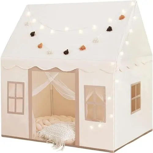 Produktbild: NIUEVLRS Kinderzelt mit Kissen, Spielzelt für drinnen und draußen, Kinderspielzelt für Mädchen und Jungen ab 3 Jahren, Kleinkind-Kinderzelt, 132 x 90 x 132 cm, mit Sternenlichtern und Fahnen