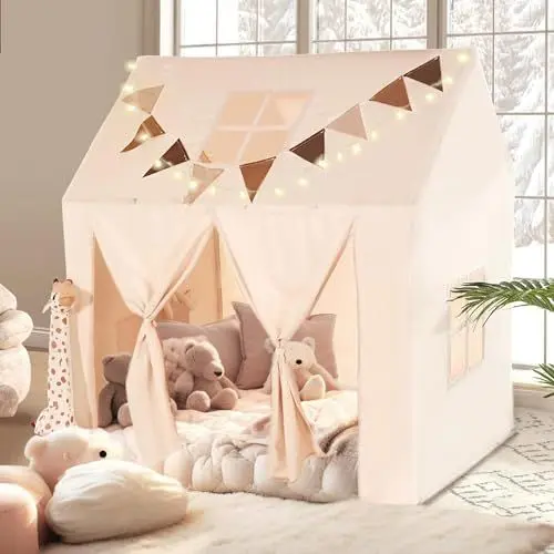Produktbild: NIUEVLRS Kinderzelt mit Matte, Spielzelt für drinnen, Spielhaus für Kinder im Freien, Kinderspielzelt mit Fenstern und Aufrollbarer Tür für Jungen und Mädchen, Lichtern und Flaggen, 132 x 90 x 132 cm