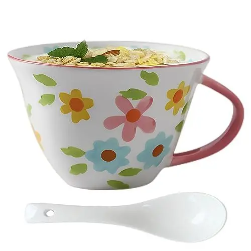Produktbild: NIUKOMY Frühstückstasse, Groß Tasse Keramik 600ML, Milchtasse, Müslitasse, Cappuccinotassen XXL Kaffeetasse mit Henkel, Porzellan Teetasse mit Löffel, Handbemalte Keramiktassen Rosa