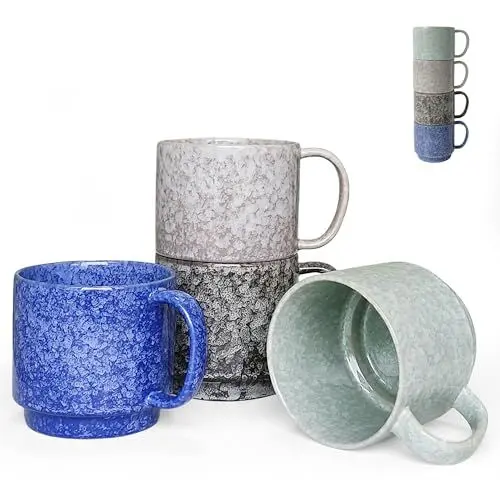 Produktbild: NIUKOMY Groß Keramik Stapelbare Kaffeetassen 4er Set, Handgefertigte Porzellan Teetassen mit GranitMuster für Frühstück Milch Kaffee Tee, 480ML, Mehrfarbig