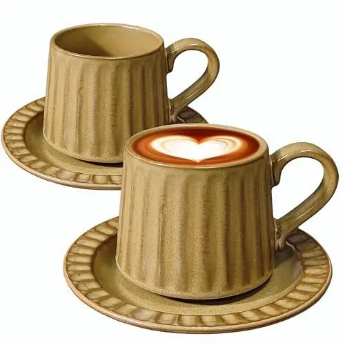 Produktbild: NIUKOMY Kaffeebecher mit Untertasse 2er Set, 300ML Keramik Cappuccino Tassen, Goße Espressotassenr Porzellan, Frühstück Tasse, Handgefertigte Kaffeetassen, Braun1