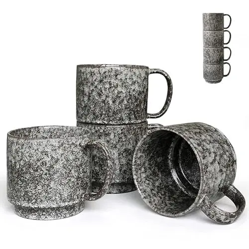 Produktbild: NIUKOMY 4 Stücke Große Schwarz Teetassen, Stapelbare Keramik Kaffeetassen Set, Handgefertigte Tassen für Frühstück Milch Kaffee Tee, 480ML